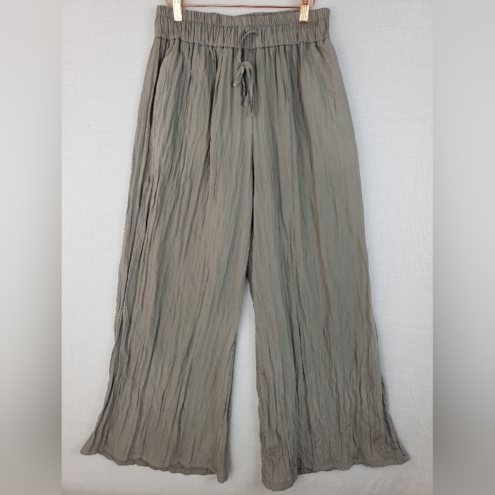 ZARA Wide Leg Pants Crushed Plisse Crinkled Textured Gray Lagenlook size M